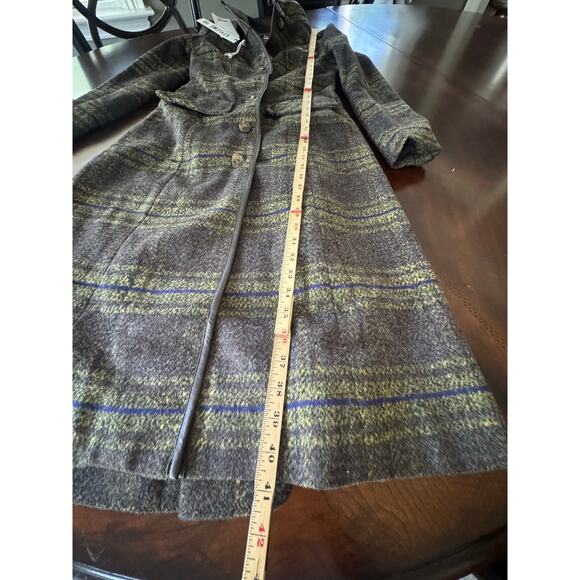 NEW Aporia.AS Wool Blend Plaid Brown Green Long Winter Coat XS leather trim - Picture 5 of 9